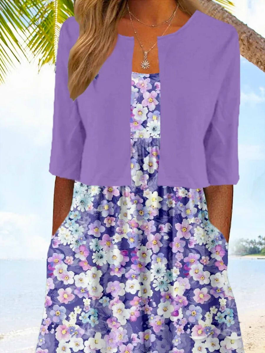 Women's Floral Midi Dress with Cropped Jacket Casual Elegant Two-Piece Set