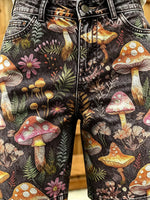 Women's Mushroom and Floral Watercolor Print Cotton Denim Shorts