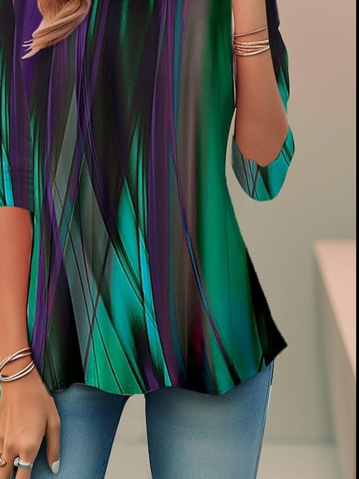 Women's Abstract Print 3/4 Sleeve Round Neck Loose Casual Blouse