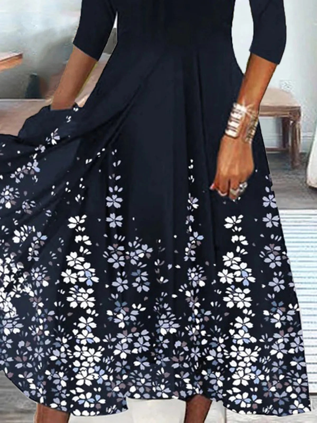 Women's Scalloped V-Neck 3/4 Sleeve Floral Print Midi Dress