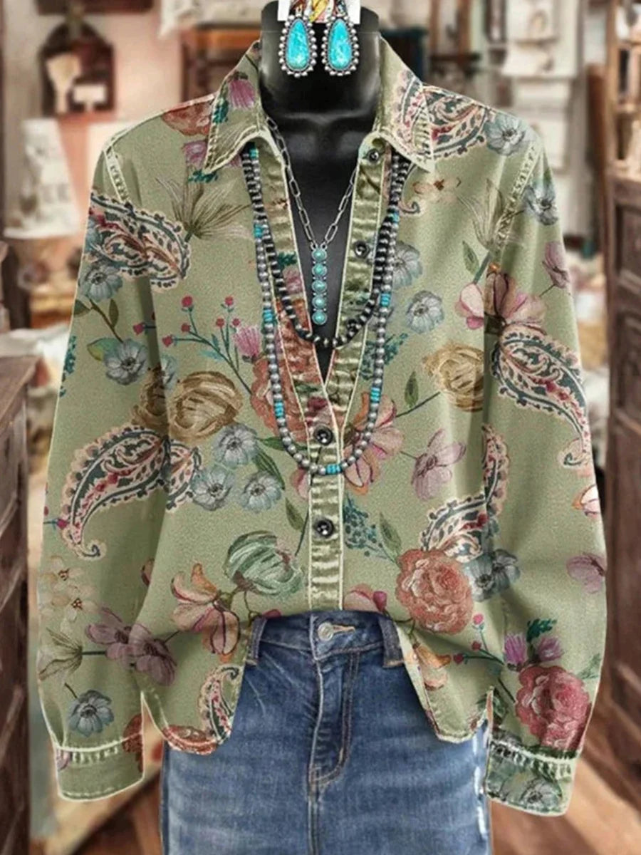 Vintage Floral Print Long Sleeve Blouse