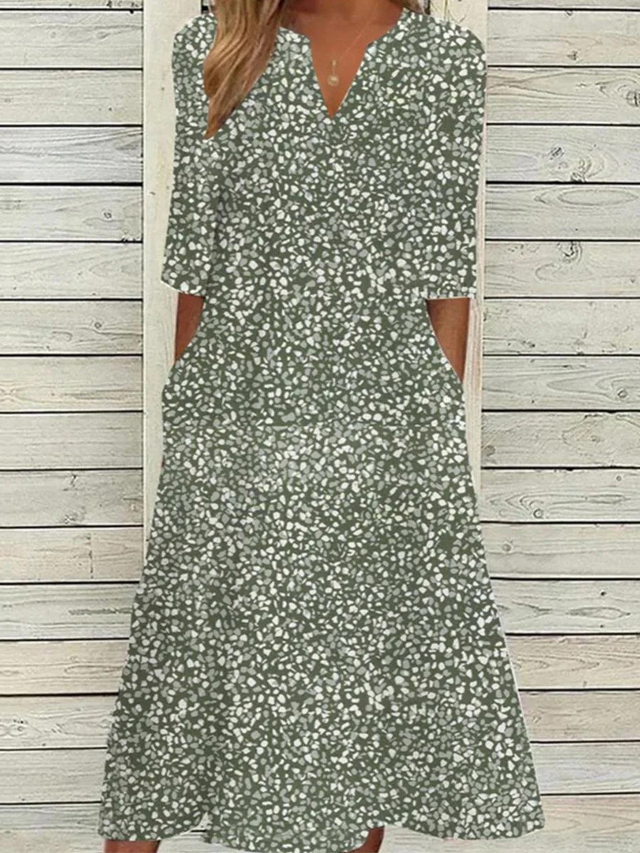 Green Side Pocket V-neck Short Sleeve Midi Dress
