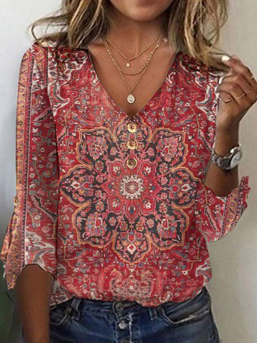 Women's Ethnic Print Button Front V-Neck 3/4 Sleeve Blouse
