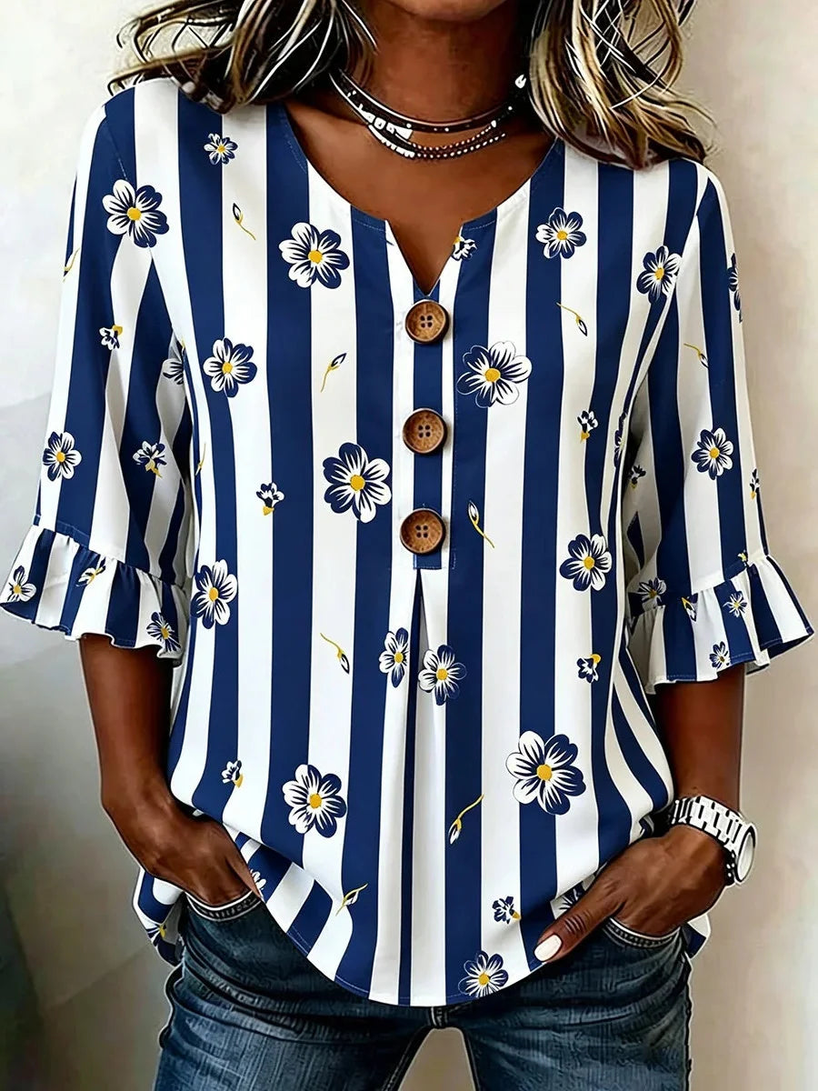 Blue Striped Floral Print Ruffle 3/4 Sleeve Top