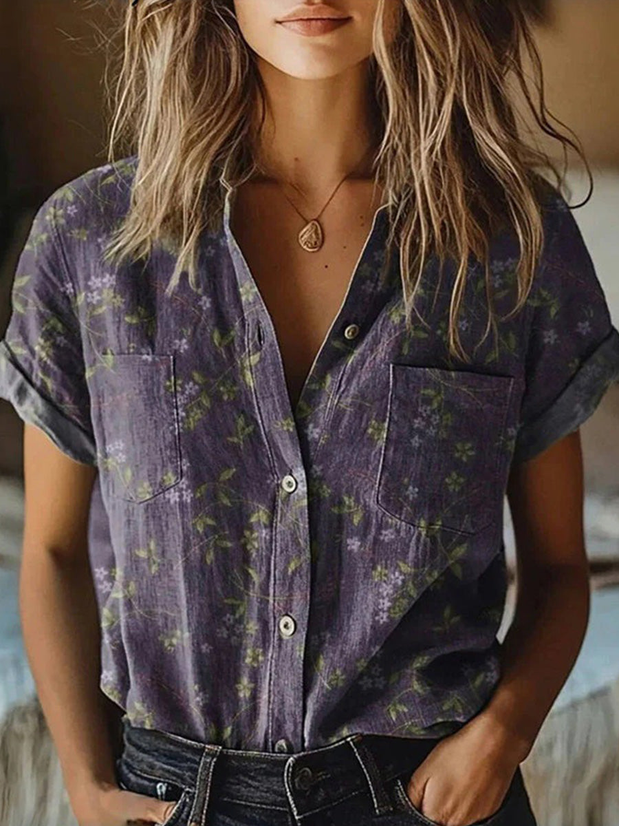 Vintage Floral Print Short Sleeve Blouse