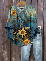 Vintage Floral Print V-neck 3/4 Sleeve Blouse