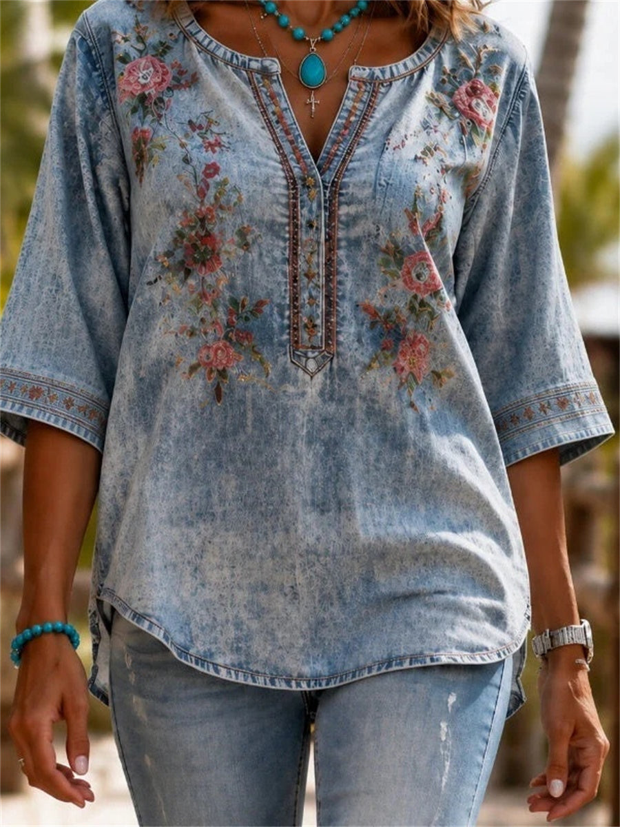 Vintage Floral Print Half Sleeve Blouse