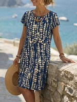 Navy Blot Print Round Neck Short Sleeve Shift Dress