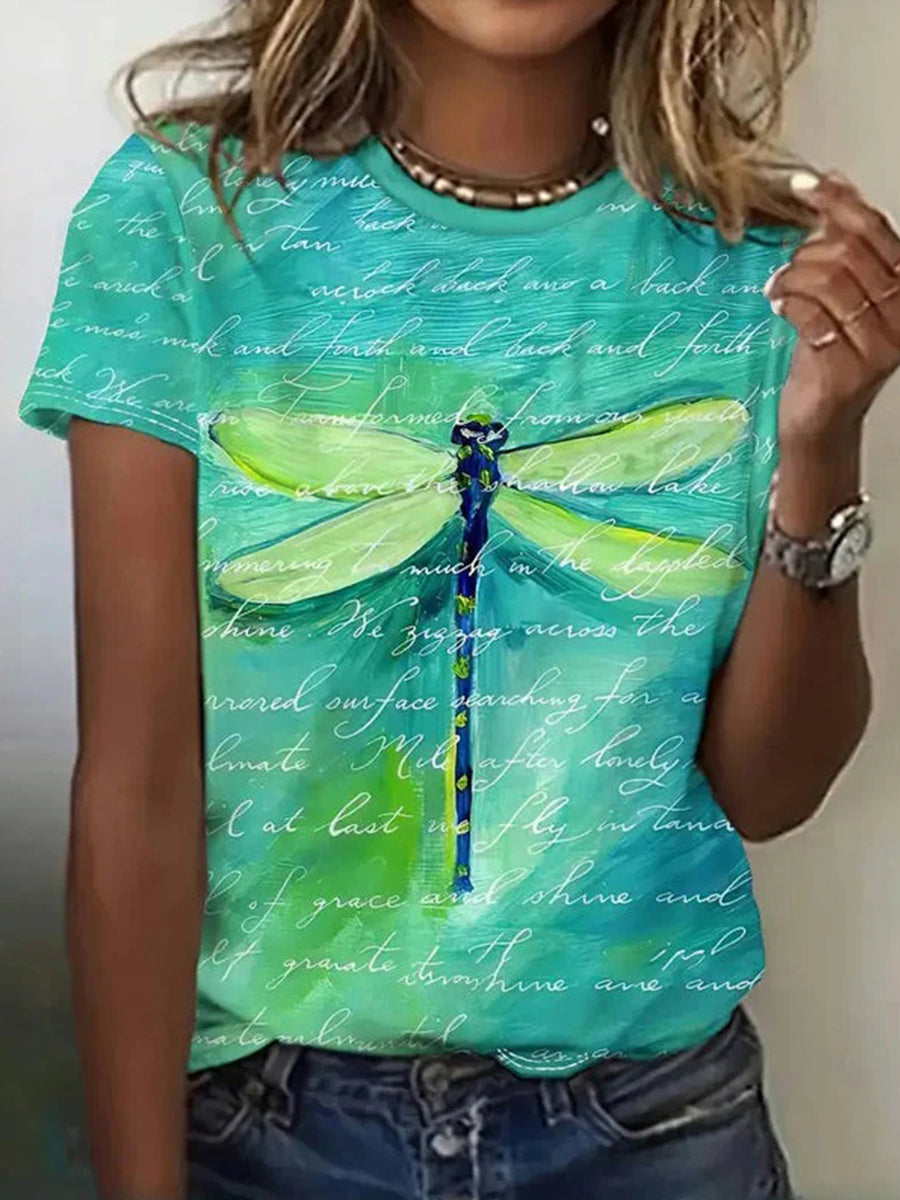 Vintage Dragonfly Print Round Neck Short Sleeve T-Shirt