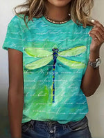 Vintage Dragonfly Print Round Neck Short Sleeve T-Shirt