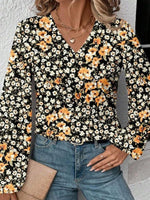 Unique V-Neck Long Sleeve Floral Print Top