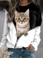 Black Casual Graphic Tops Round Neck Long Sleeve Animal Printed Sweatshirts