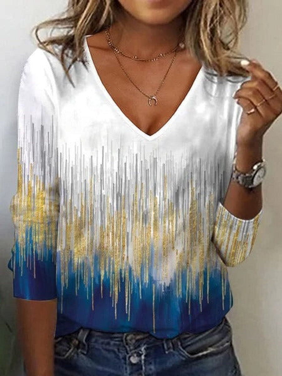 Multicolor Casual V Neck Printed Long Sleeve Blouse