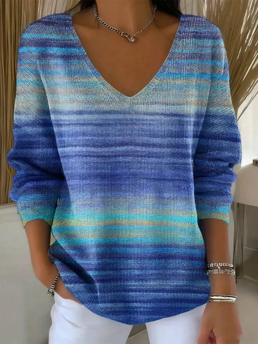 Casual Gradient V-neck Long Sleeve Sweater