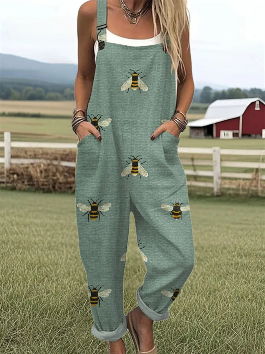 Women's Funny Bee Art Print Casual Wide Leg Jumpsuit