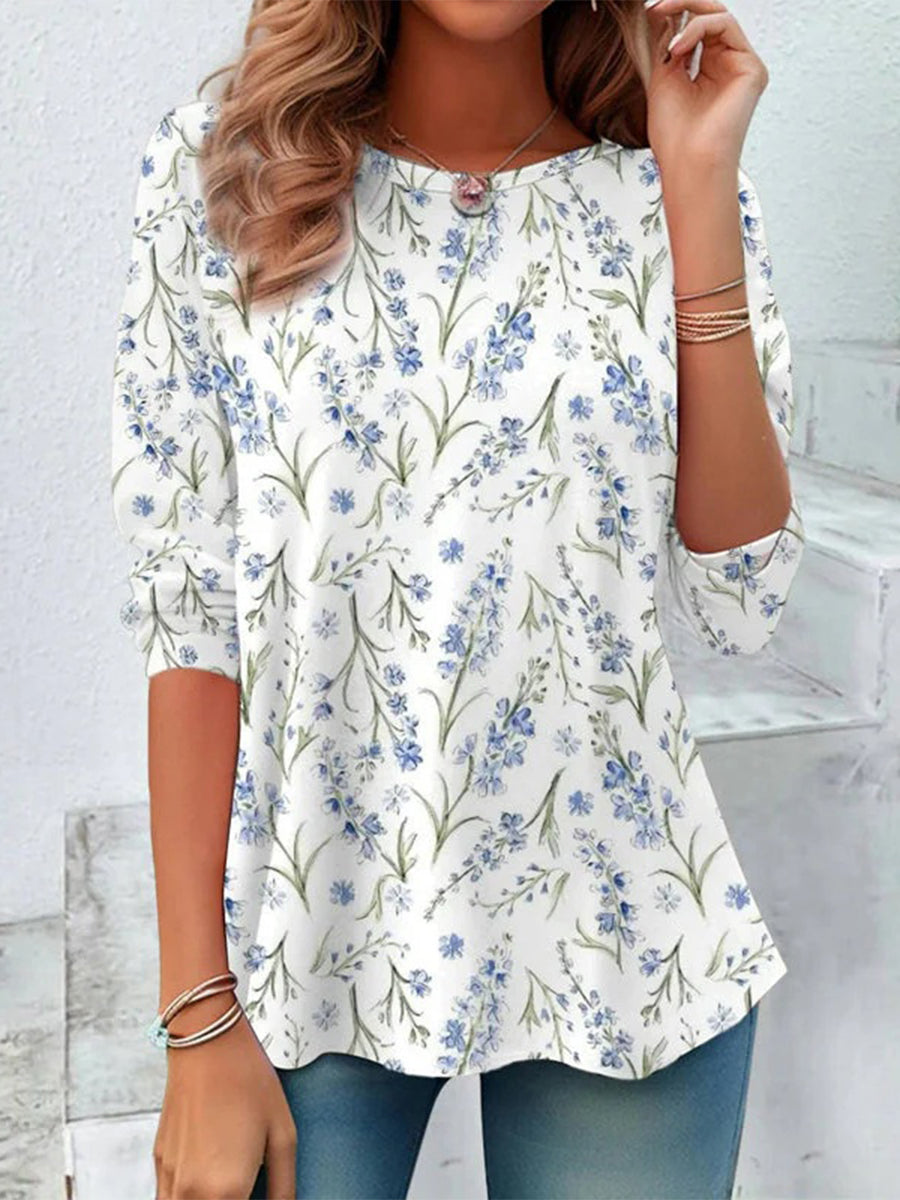Vintage Floral Print Round Neck Long Sleeve T-Shirt