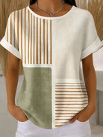 Colour Block Striped Round Neck Short Sleeve T-Shirt