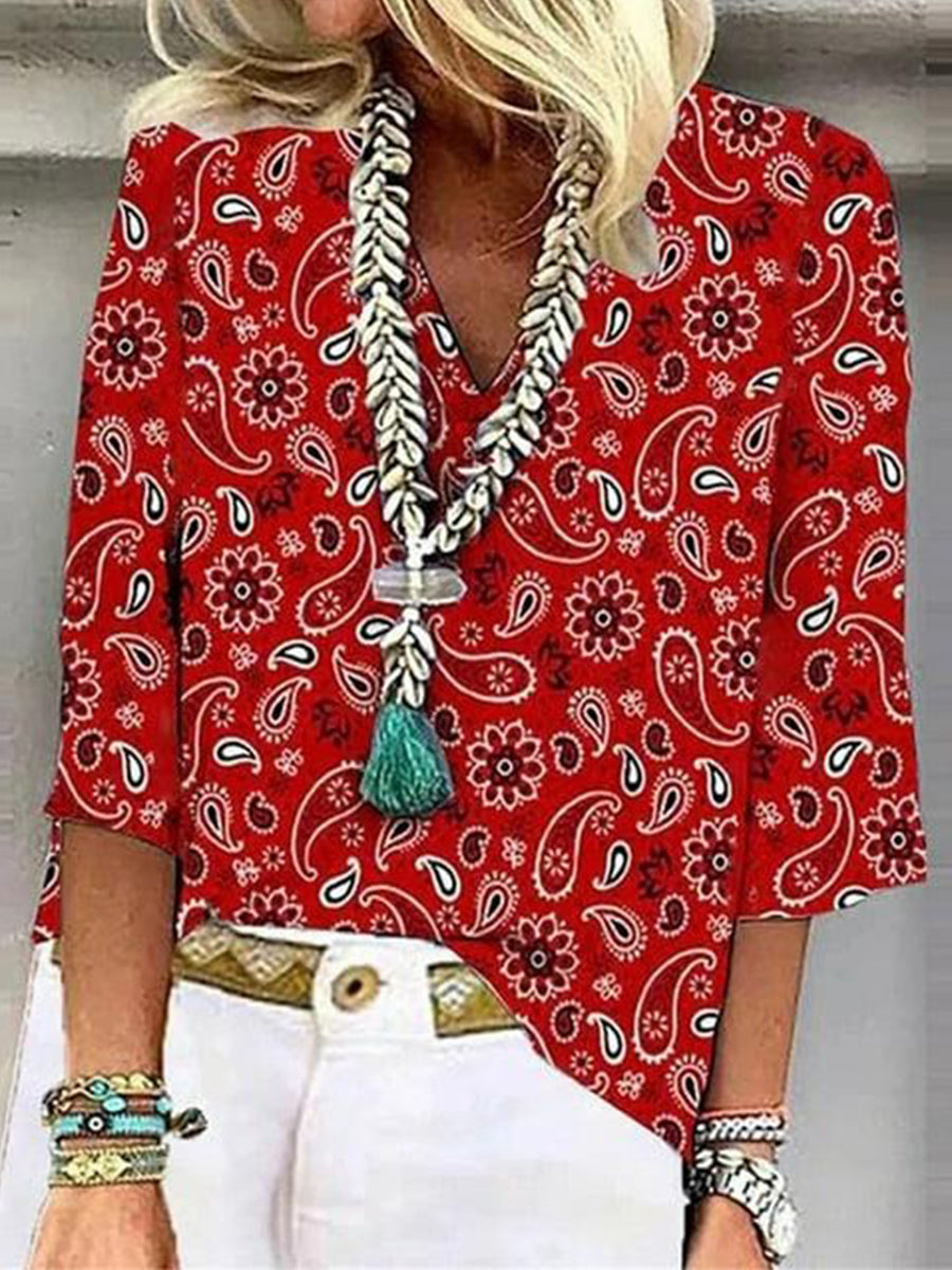 Showy Red 3/4 Sleeve V-Neck Top