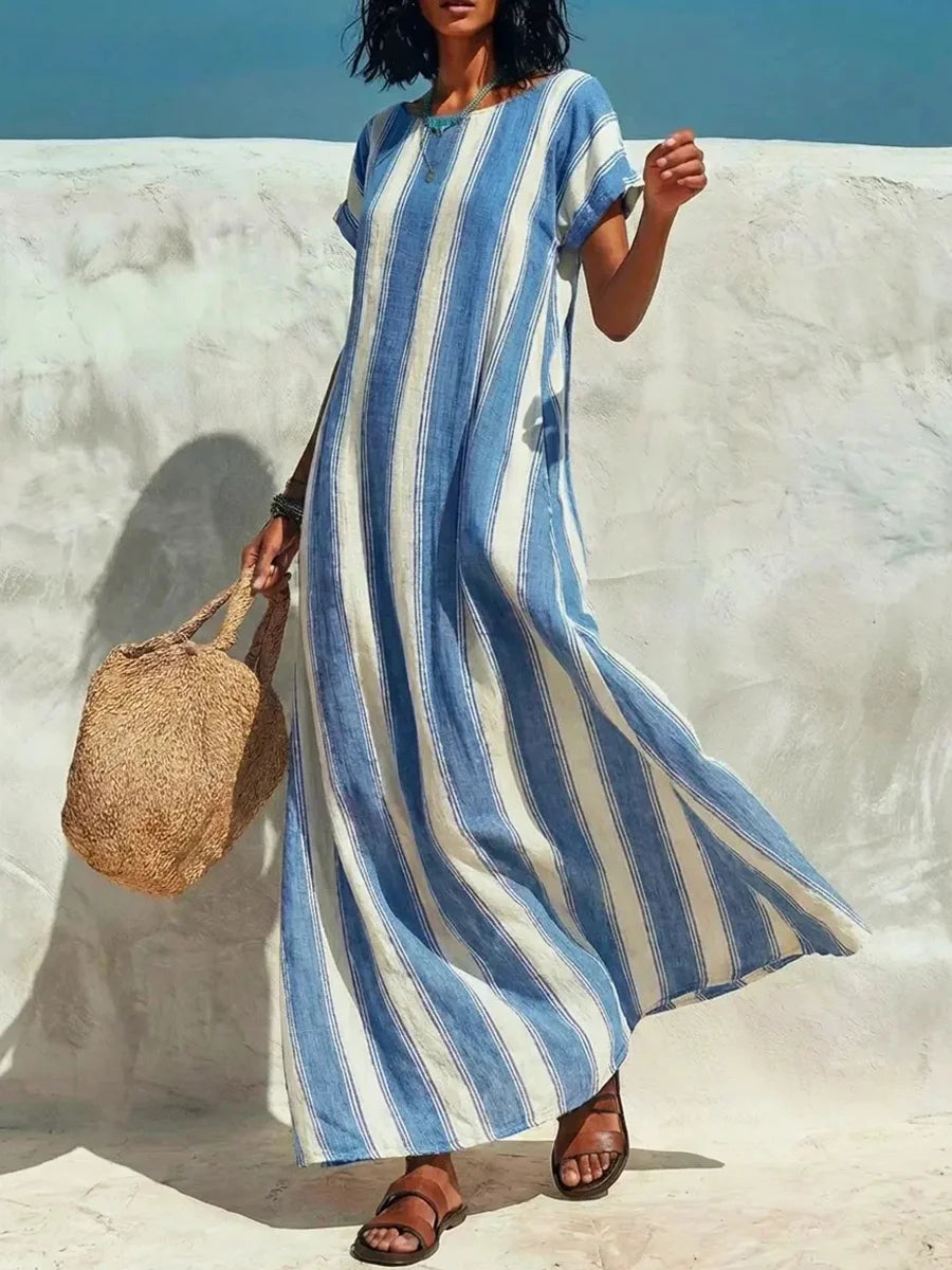 Women's Striped Art Round Neck Casual Stylish Short Sleeve Dress