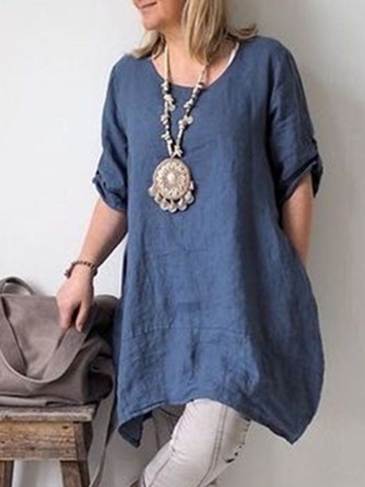 Solid Color Short Sleeve Casual Blouse