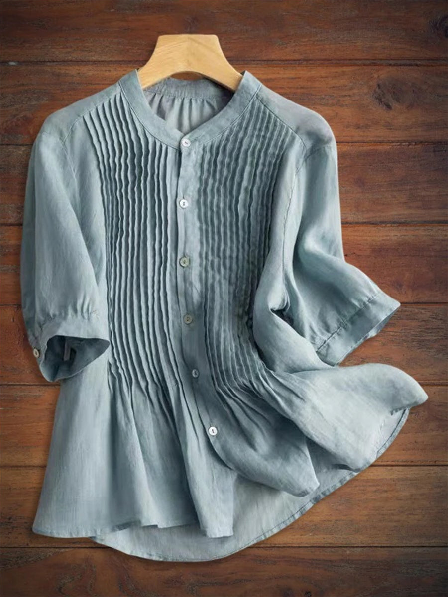 Women?ˉs Pleated Front Button Up Puff Sleeve Loose Fit Blouse