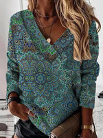 Green Casual V Neck Long Sleeve Printed Blouse