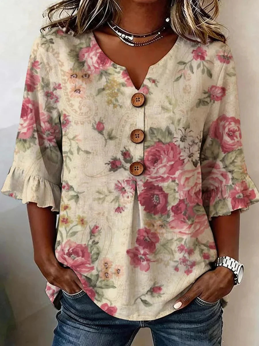 Retro Floral Print V-Neck 3/4 Sleeve Top
