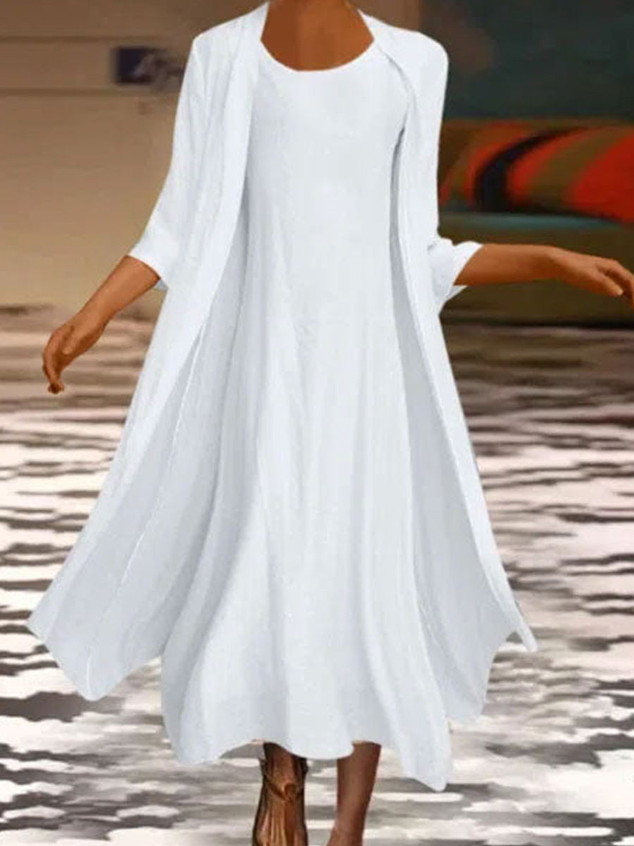 Plain Round Neck 3/4 Sleeve Two Piece Midi White Dress