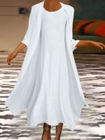 Plain Round Neck 3/4 Sleeve Two Piece Midi White Dress