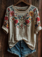 Vintage Floral Print Round Neck Short Sleeve T-Shirt