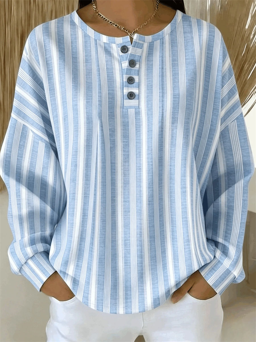 Casual Henley Collar Long Sleeve Striped Sweatshirt