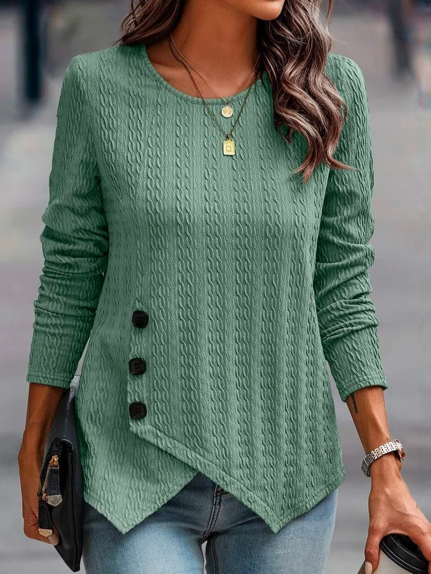 Green Casual Round Neck Solid Long Sleeve Blouse