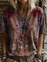 Vintage Floral Print Round Neck Short Sleeve T-Shirt