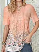 Elegant Floral Print V-neck Short Sleeve Blouse