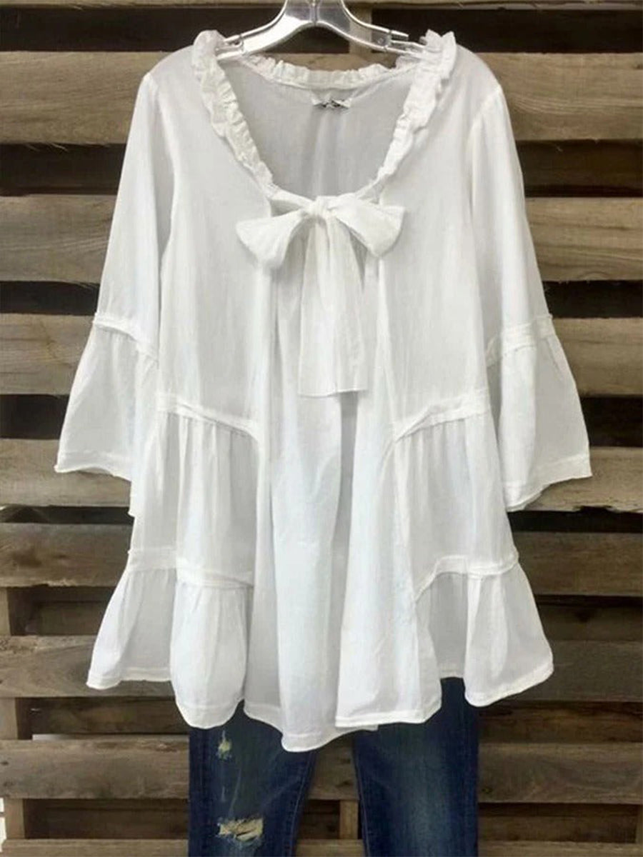 White Chic Loose Bow Tie 3/4 Sleeve Blouse