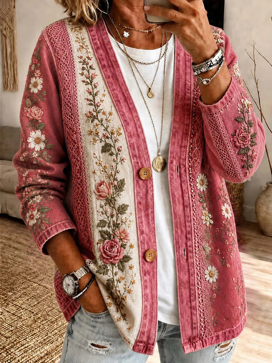 Women Outerwear Casual Printing Floral Long Sleeve Cardigan