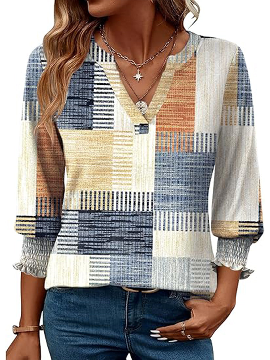 V-neck 3/4 Sleeve Casual Blouse