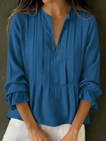 Deep Blue Pleated Long Sleeve Button Down Blouse