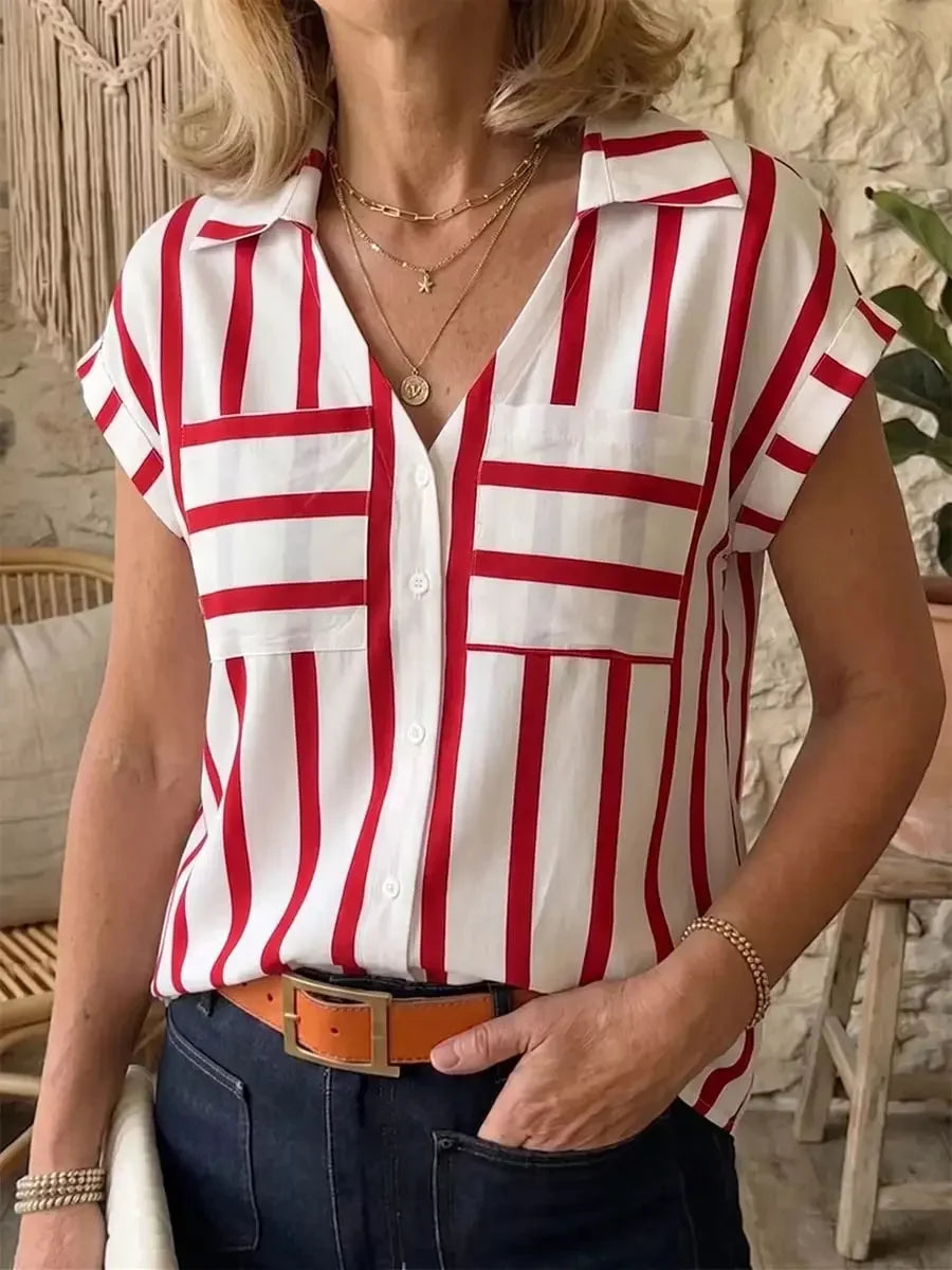 Women's Striped V-neck Short-sleeve Casual Loose Shirt