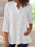White Casual Lapel 3/4 Sleeve Solid with Buttons Blouse