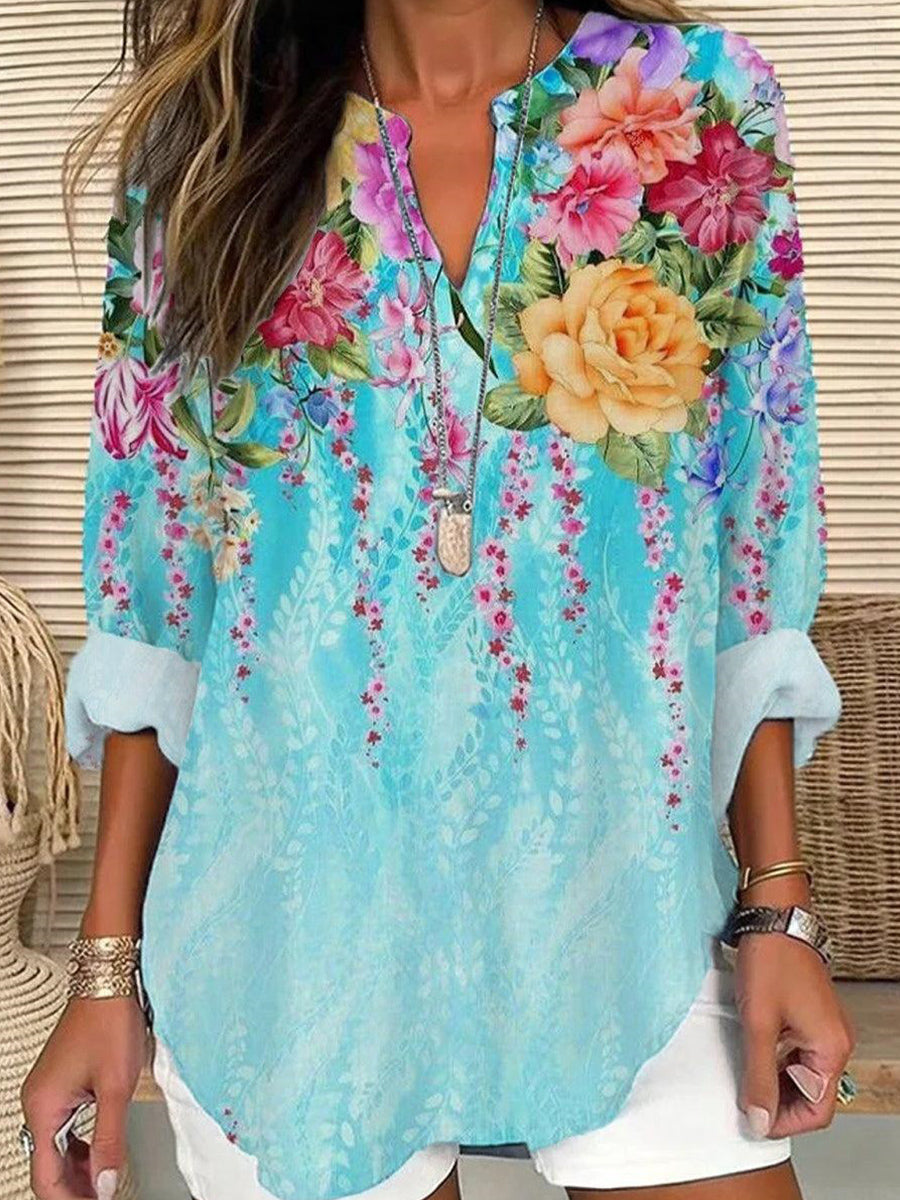 Elegant V-Neck Floral Print Long Sleeve Top