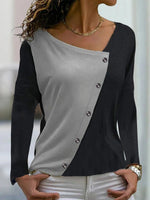 Black-grey Casual V Neck Patchwork Long Sleeve Blouse