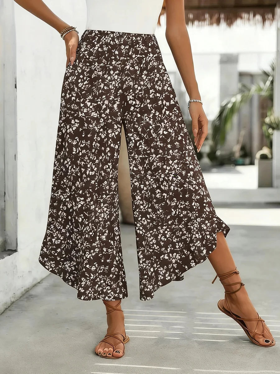 Brown Floral Wide-Leg Pants
