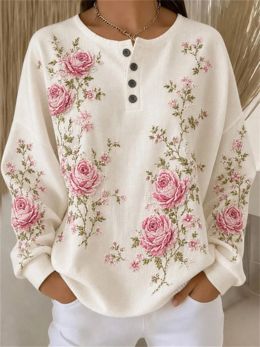 Casual Floral Henley Collar Long Sleeve Sweatshirt