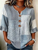 Patchwork Plaid Ruffle 3/4 Sleeve V-neck Blouse