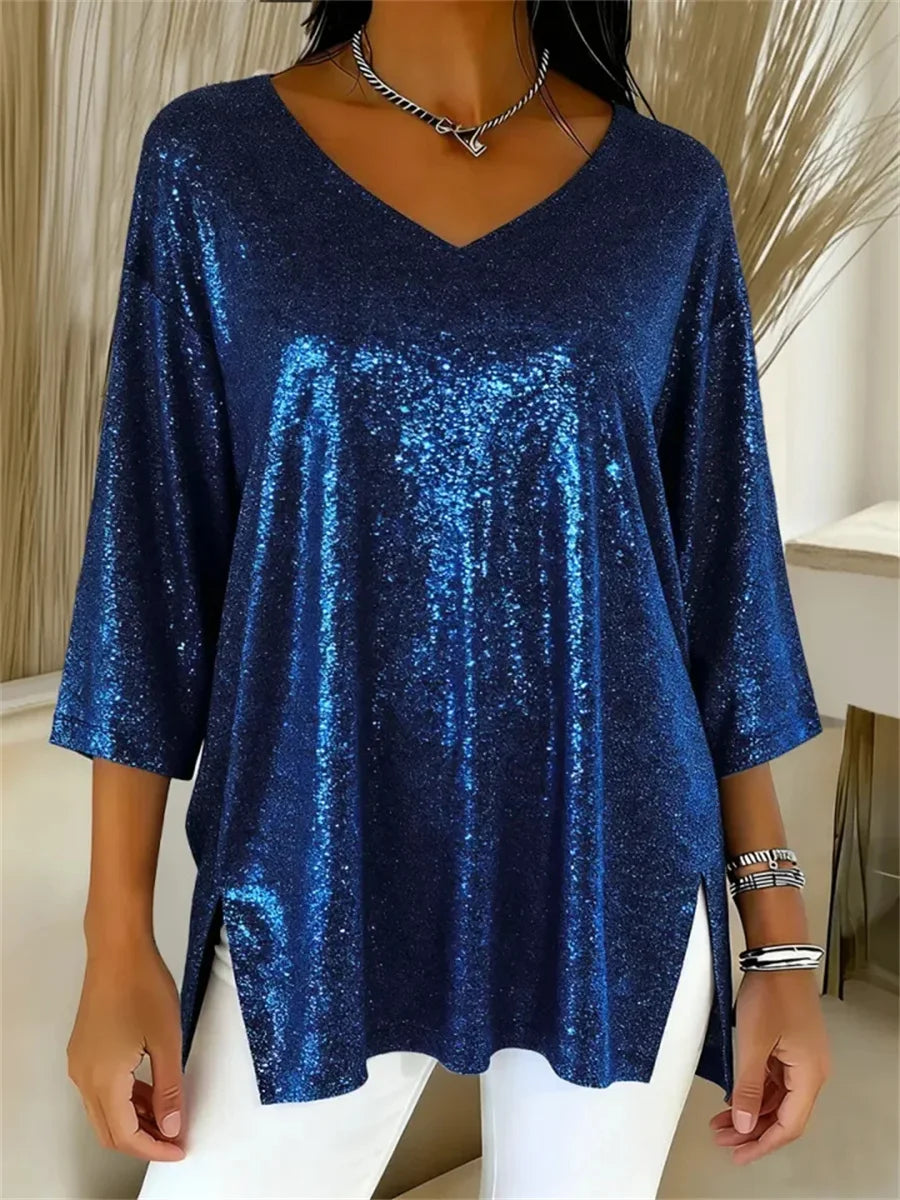 Women's Sparkly Christmas V-neck 3/4 Sleeve Top