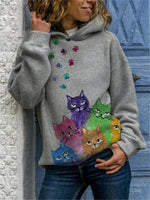Cat Printed Long Sleeve Casual Hoodie For Women