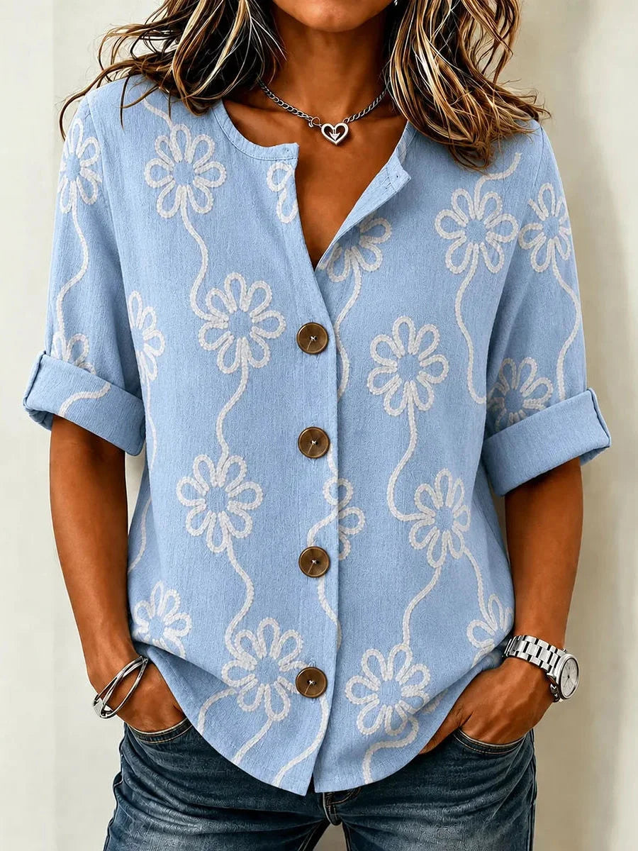 Light Blue Embossed Floral Roll Tab 3/4 Sleeve Blouse