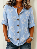 Light Blue Embossed Floral Roll Tab 3/4 Sleeve Blouse