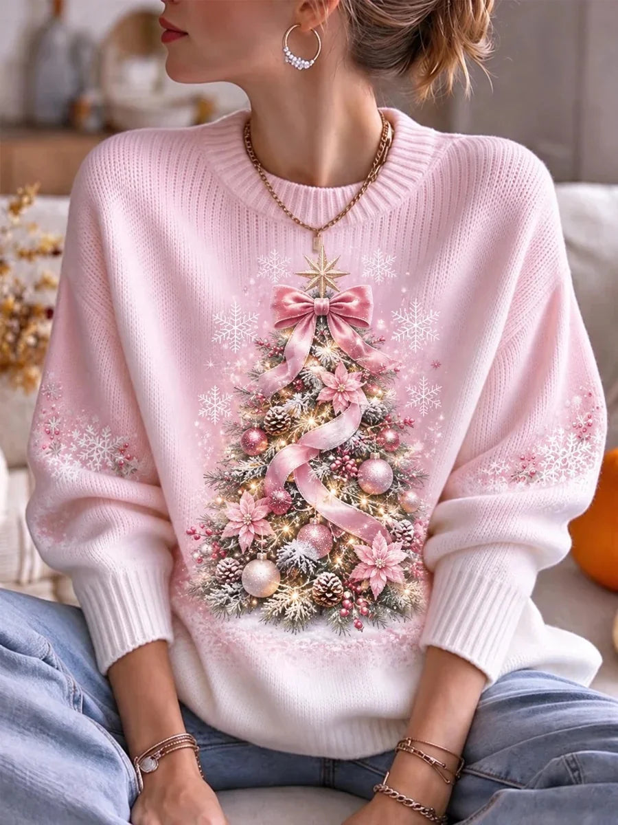 Women's Pink Christmas Tree Print Casual Round Neck Long Sleeve Sweater